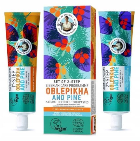 Bania Agafii Natural Toothpastes dwuetapowy zestaw naturalnych past do zębów Rokitnik Ałtajski i Sosna Agafii 2x60g (P1)